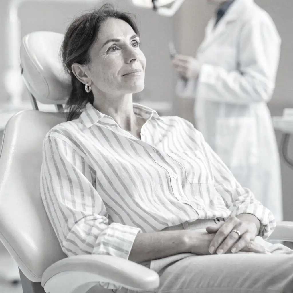 Mujer adulta tranquila antes de cirugía dental en DiBian Odontología, Belgrano