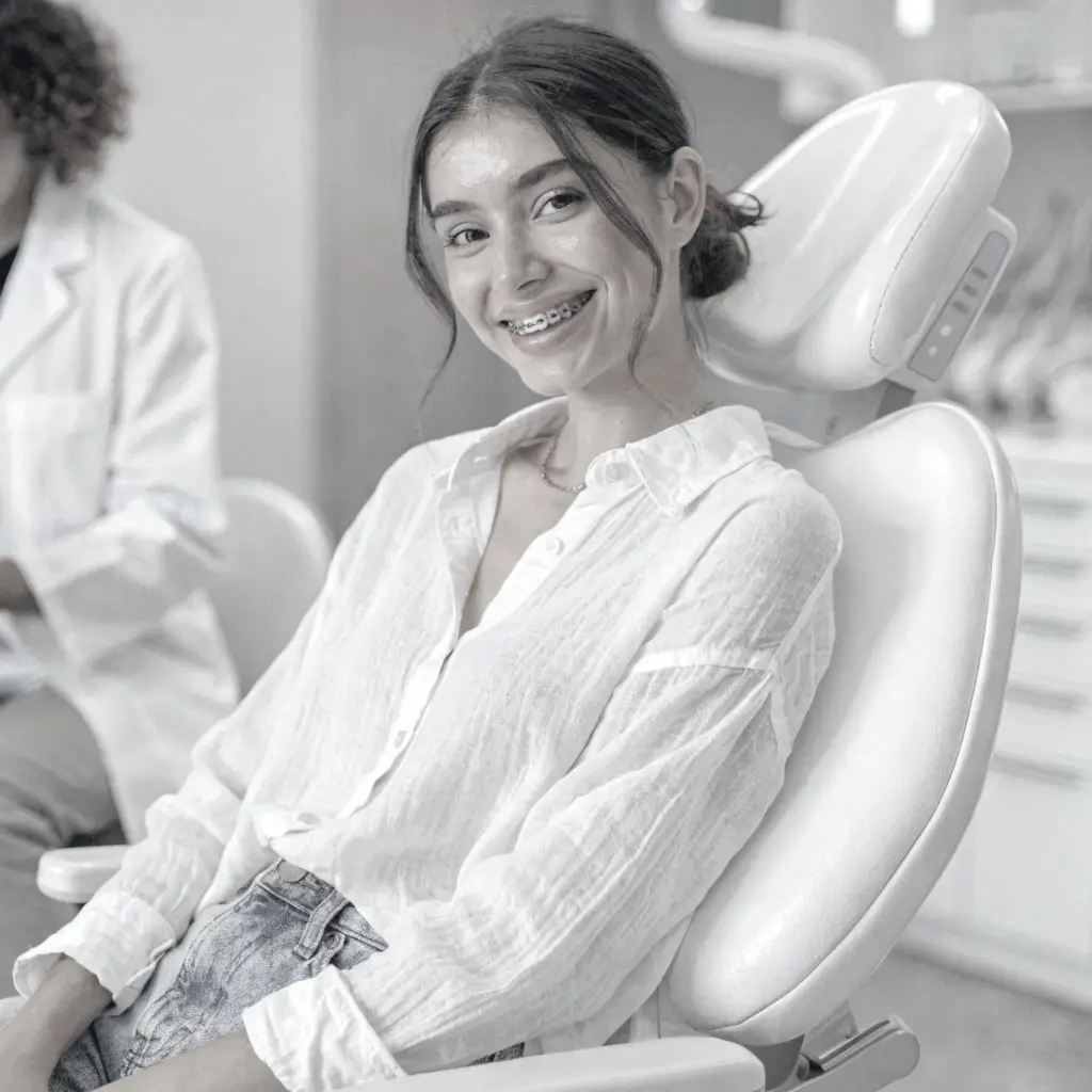 Adolescente en consultorio sonriendo tras tratamiento de ortodoncia con brackets en DiBian Odontología, Belgrano