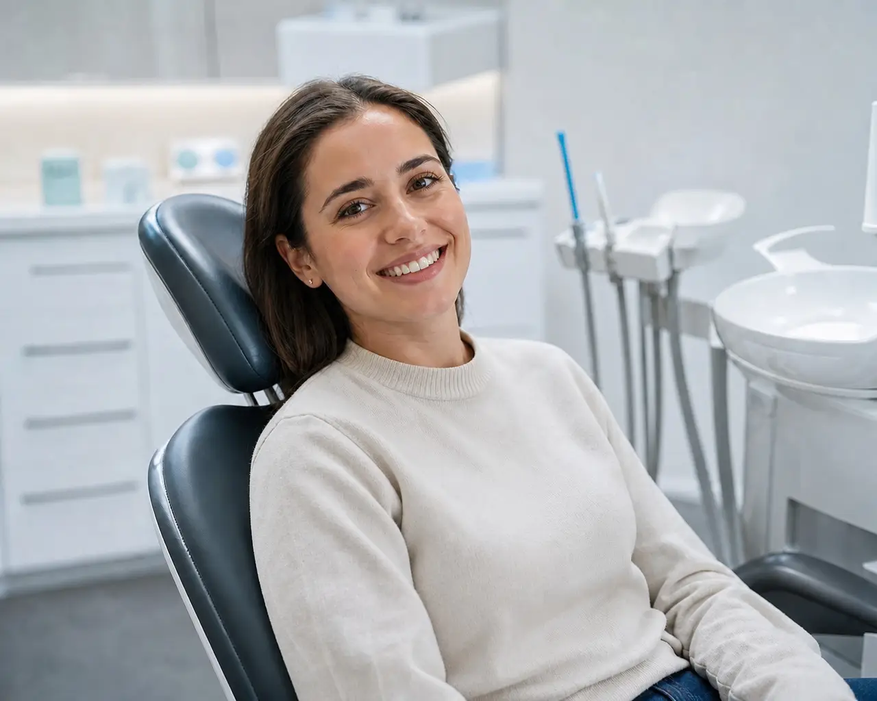 Mujer joven con prótesis dental fija en DiBian Odontología, Belgrano, CABA